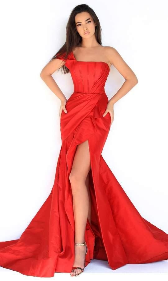 one-shoulder Tarik Ediz high-slit red prom dress